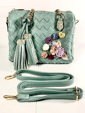 Bling 3D pink floral rhinestone bag green/blue woven satchel crossbody gold-tone